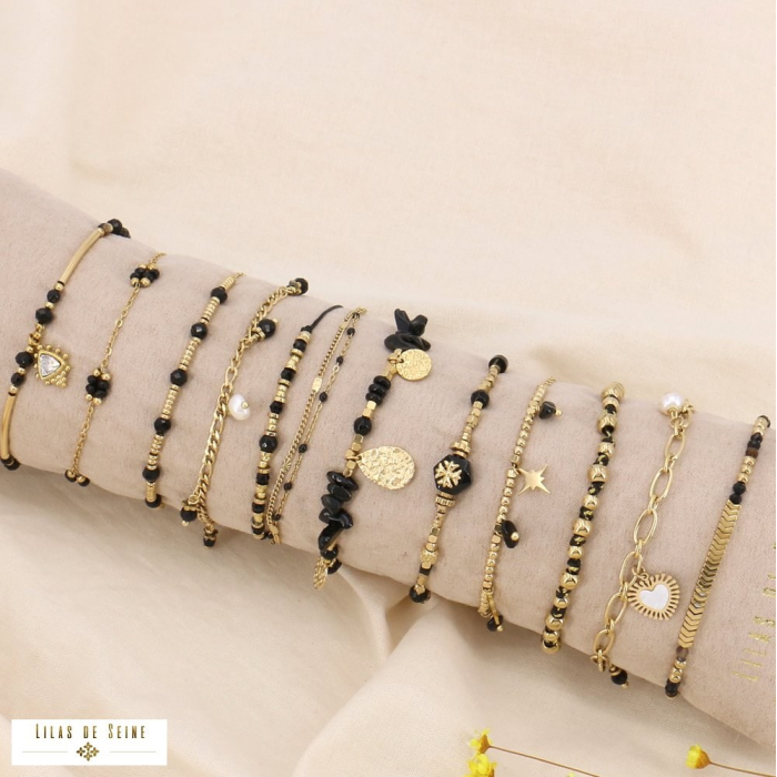 Ensemble 12 bracelets acier pierres coeur trèfle 0223552 noir