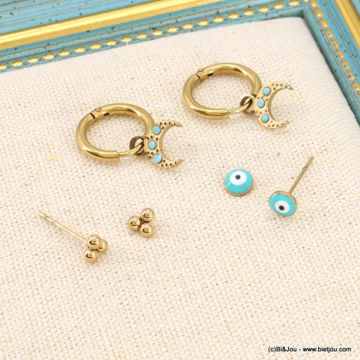 Trio boucles d’oreille mini-créoles lune puces œil bleu acier 0323153 doré