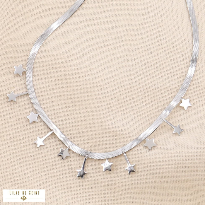 Collier chaîne maille miroir acier inoxydable pampilles étoiles 0123627 argenté