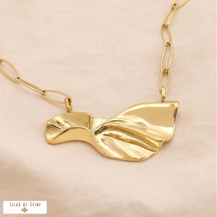 Collier chaîne maille trombone acier inoxydable pendentif ruban stylisé 0124180 doré