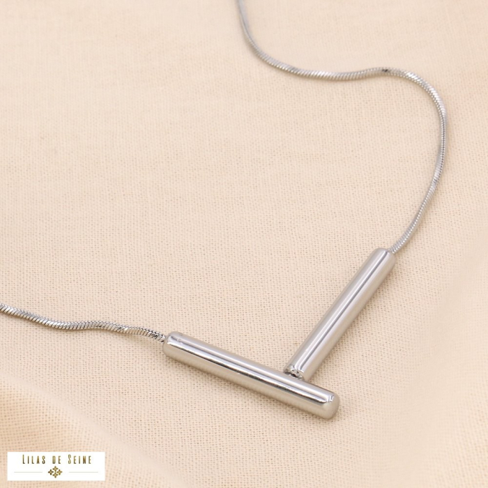 Collier chaîne maille serpent pendentif T stylisé acier inoxydable 0124525 argenté