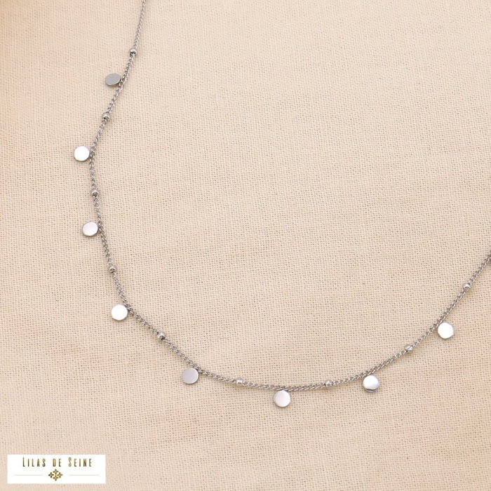 Collier acier inoxydable minimaliste contemporain pastilles rondes plates 0124523 argenté