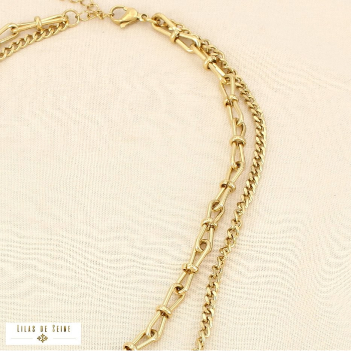 Collier double chaînes acier inoxydable maille structurée graphique gourmette 0126004 doré