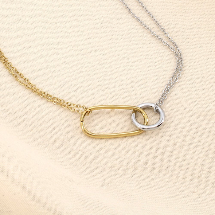 Collier acier inoxydable bicolore anneaux entrelacés double chaîne maille forçat 0126045 doré/argenté