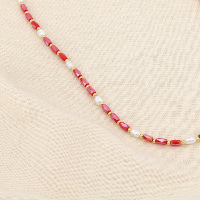 Collier tubes facettés cristal perles nacrées acier inoxydable 0126003 rouge corail
