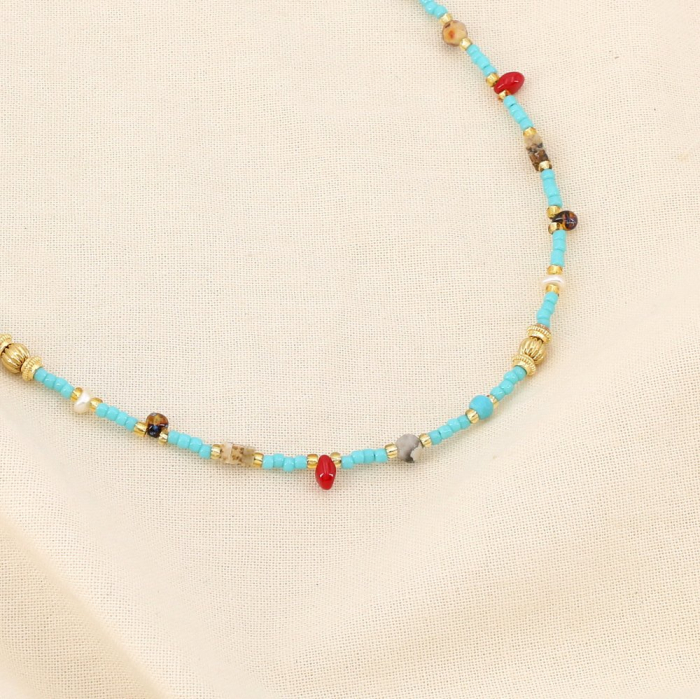 Collier perles turquoise multicolores acier inox. 0126144 bleu turquoise