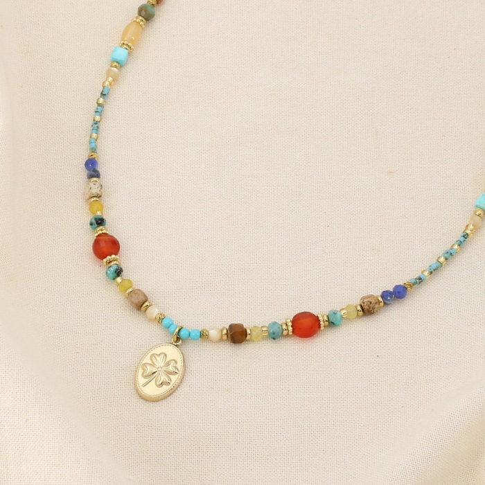 Collier perles breloque trèfle acier inoxydable 0126141 bleu turquoise