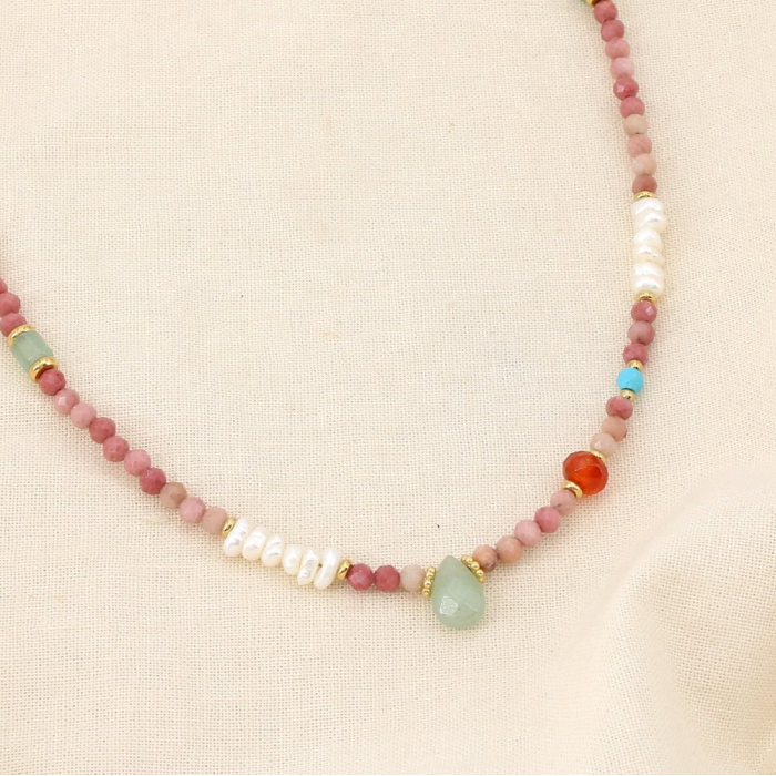 Collier perles breloque goutte pierre acier inox. 0126140 rose